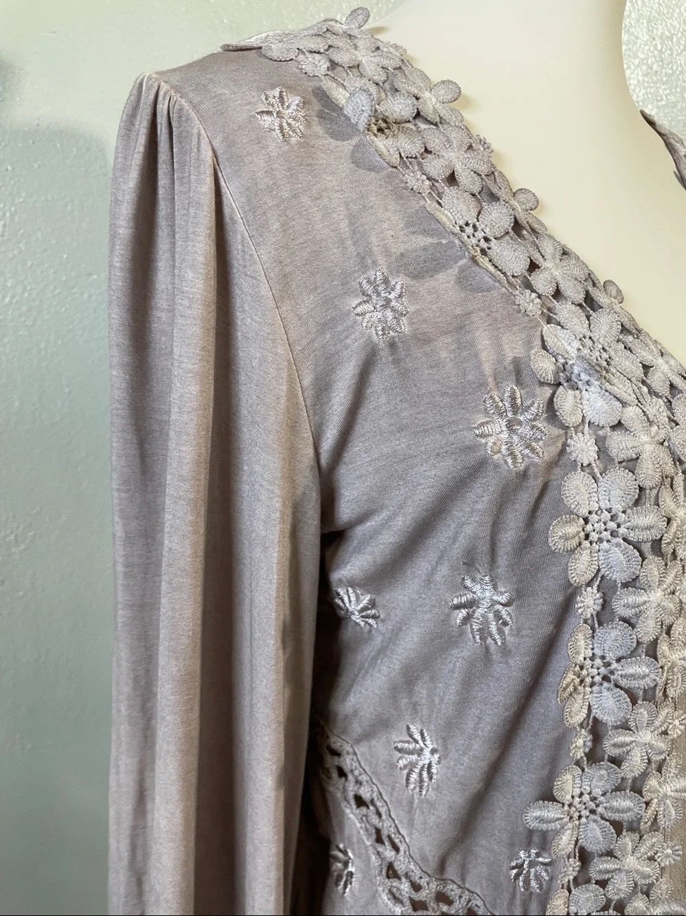 Boho Romantic Floral Appliqué Peasant Blouse Embroidered Mauve Knit Top POL Sm